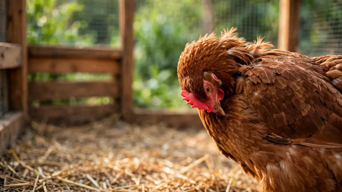Gallina marrón rascándose el plumaje en un gallinero seco y limpio, fondo verde desenfocado