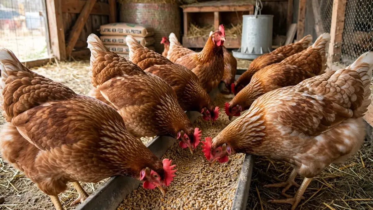 Gallinas ponedoras comiendo pienso en granja avícola