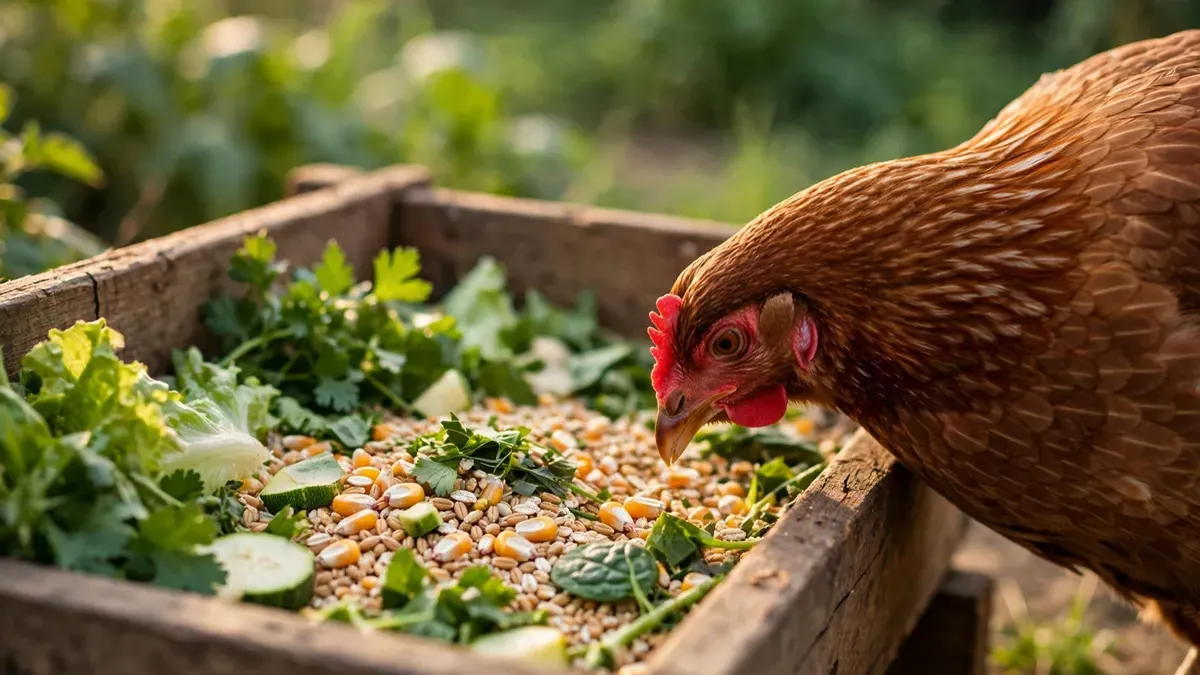 Gallina marrón comiendo grano y verduras en un comedero de granja, fondo verde desenfocado