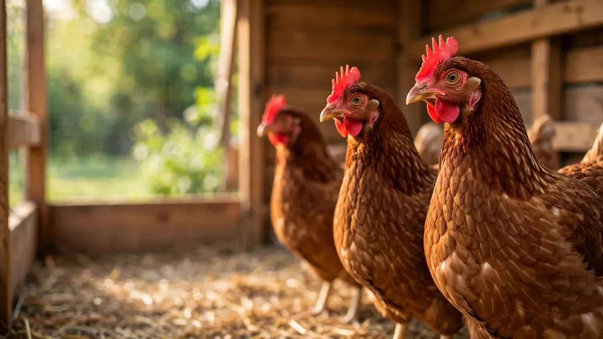 Gallinas marrones sanas en un gallinero limpio y ordenado, fondo verde desenfocado