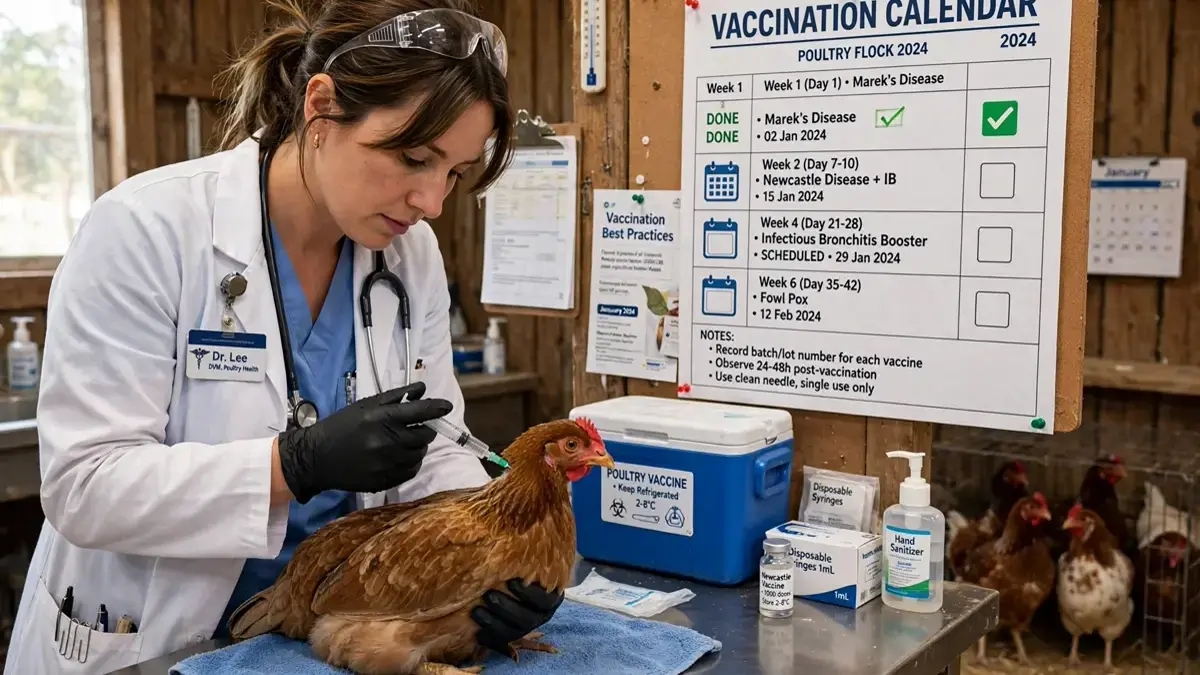 Veterinario vacunando gallinas con jeringa en granja