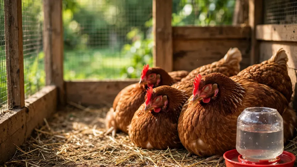 Gallinas marrones a la sombra con agua fresca en un gallinero ventilado, fondo verde desenfocado