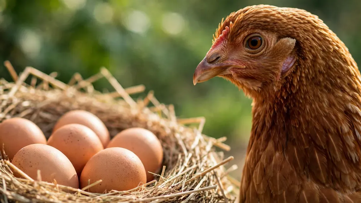 Gallina marrón junto a huevos con cáscara firme en un nidal limpio, fondo verde desenfocado