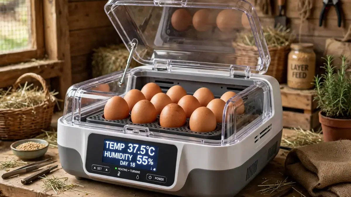 Incubadora moderna con display digital y huevos de gallina en su interior