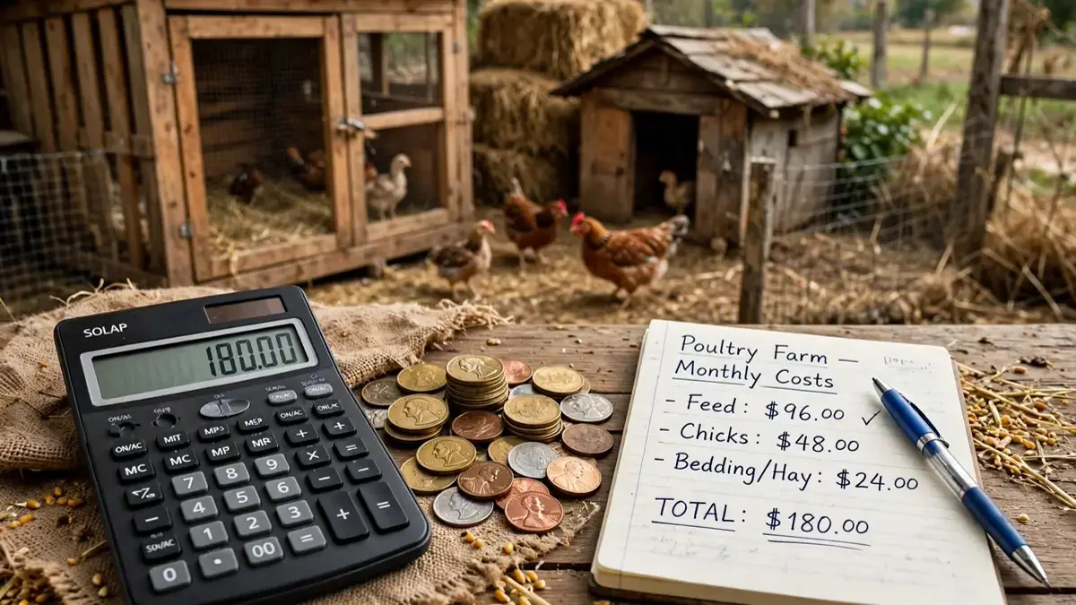 Calculadora y monedas junto a granja avícola pequeña, concepto de costos