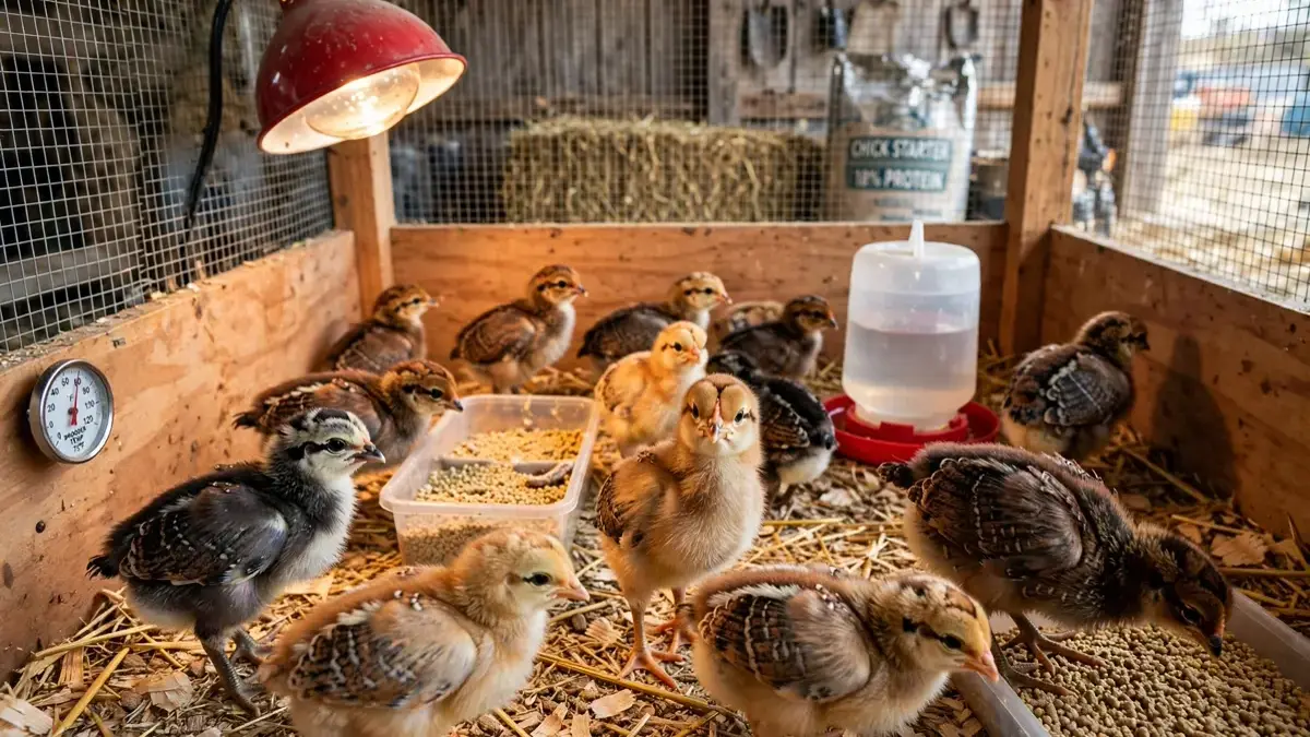 Pollitos sanos de 30 días creciendo en criadora de granja