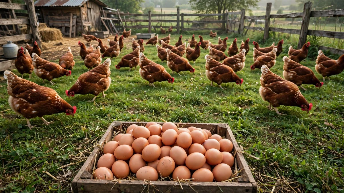 Bandada de gallinas ponedoras marrones en un corral verde con una caja de huevos frescos en primer plano