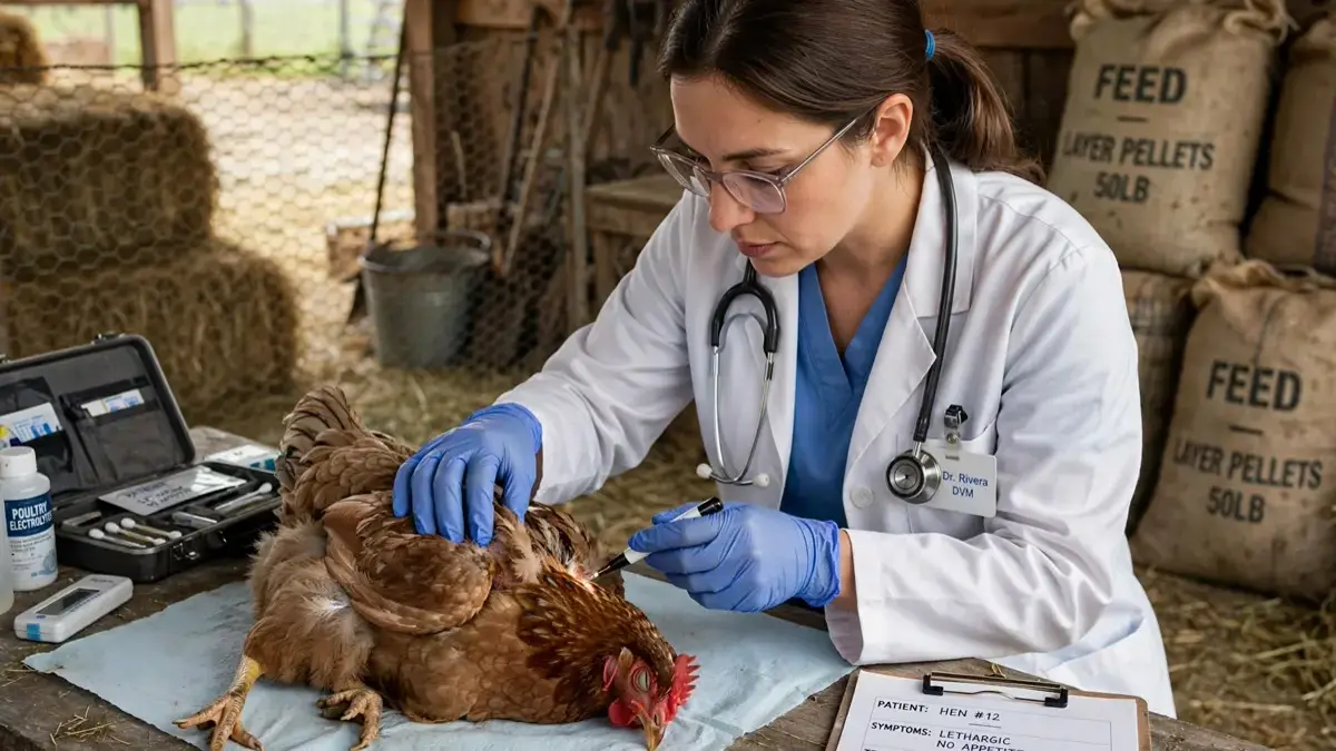 Veterinario revisando gallina enferma en granja
