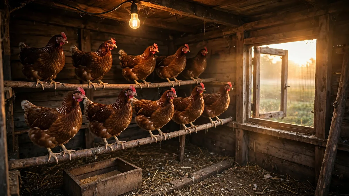 Gallinas ponedoras dentro del gallinero al amanecer, con luz cálida entrando por la ventana