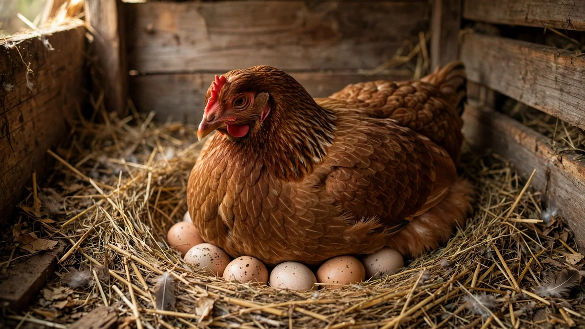 Gallina clueca marrón echada sobre huevos en un nido de paja dentro del gallinero