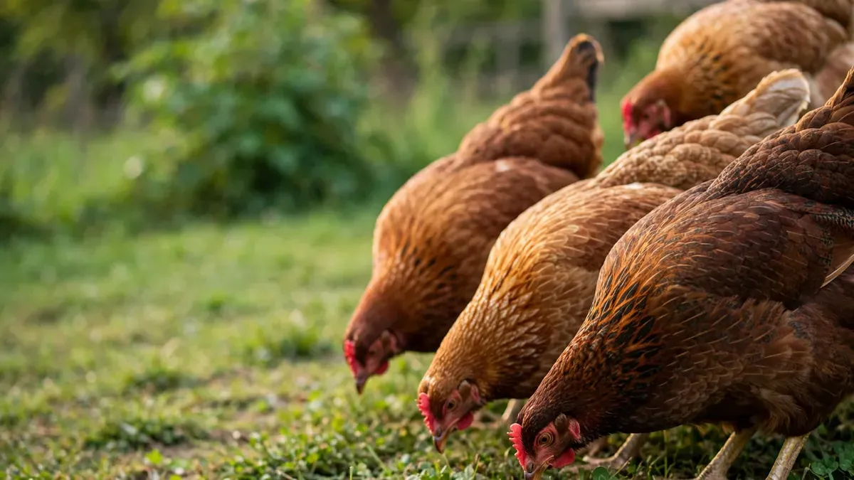 Gallinas criollas marrones pastoreando en un patio verde, fondo verde desenfocado