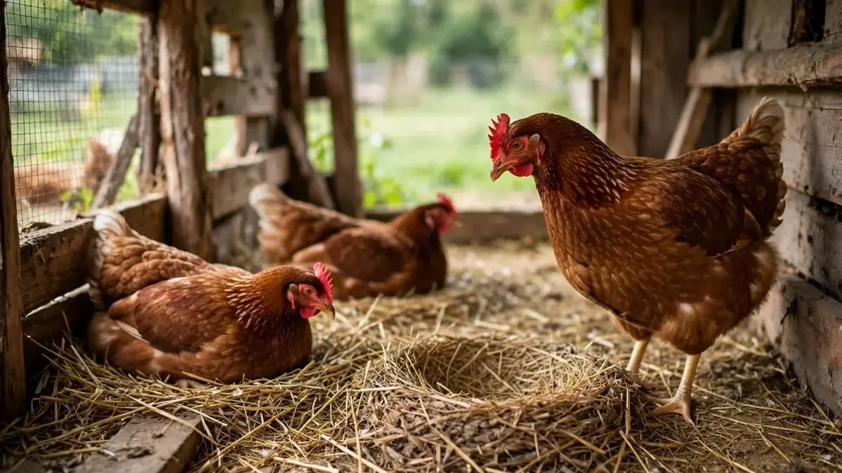 Gallinas ponedoras marrones en un gallinero rústico junto a un nido vacío, sin huevos