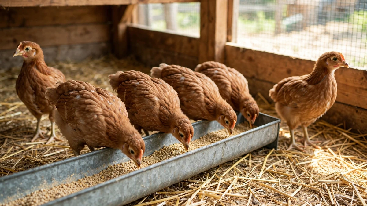 Pollitas marrones jóvenes comiendo en un comedero largo dentro de un gallinero con cama de paja