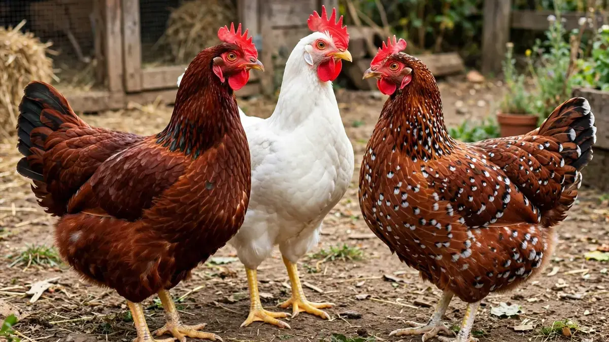 Diferentes razas de gallinas ponedoras: Rhode Island, Leghorn y Sussex