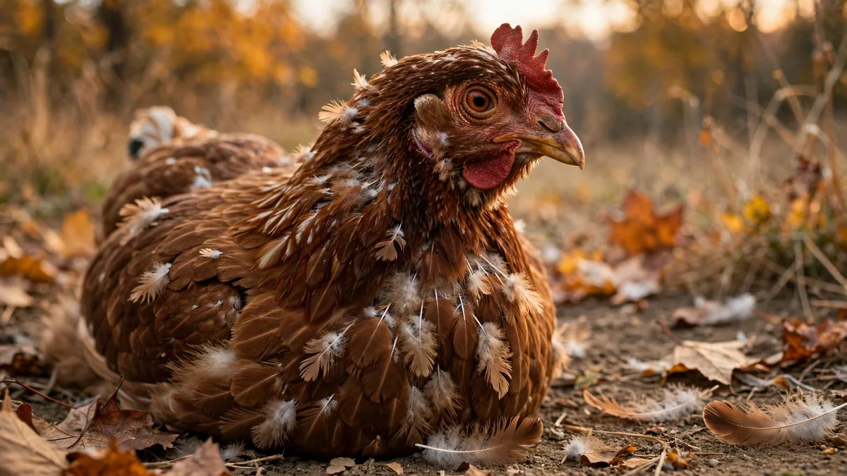 Gallina ponedora con el plumaje en renovación, con plumas nuevas saliendo entre las viejas