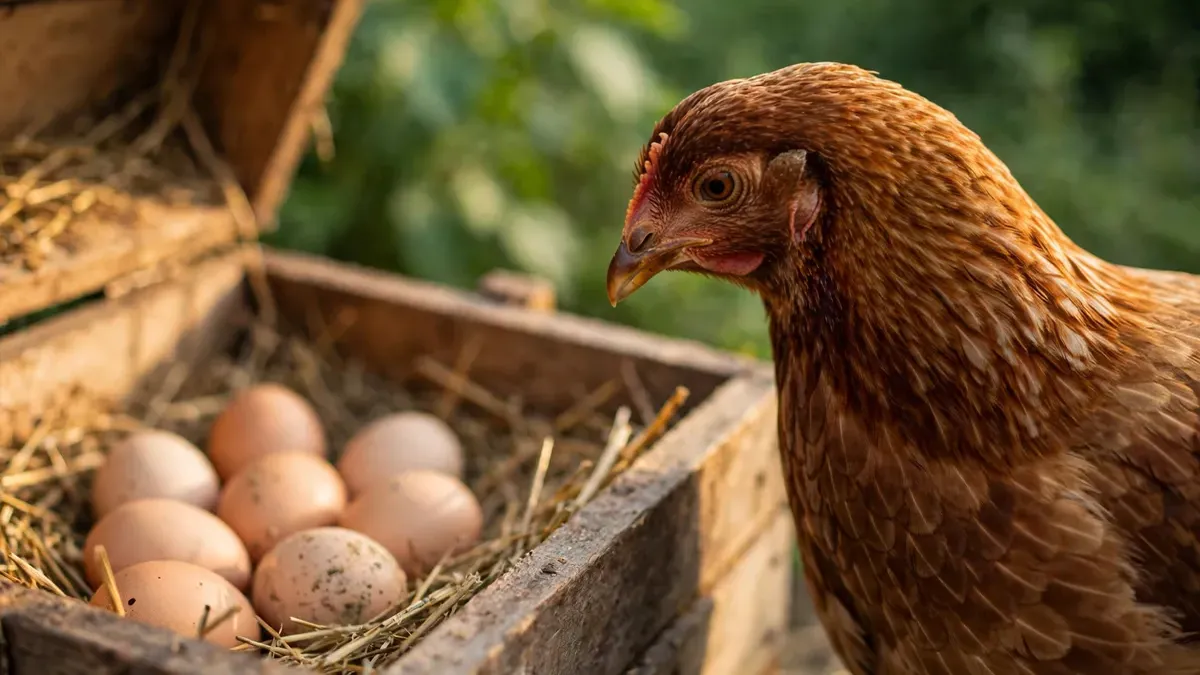 Gallina marrón junto a una incubadora con huevos en una granja, fondo verde desenfocado
