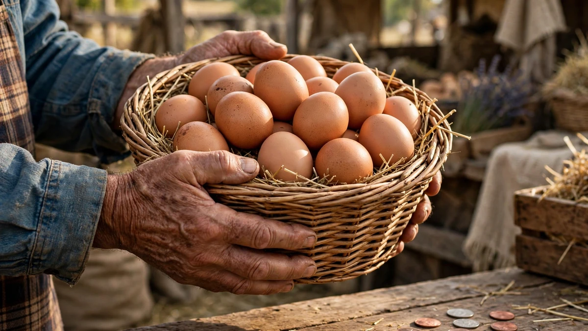 Manos de granjero sosteniendo una cesta de huevos frescos en un puesto de granja, con monedas sobre la mesa