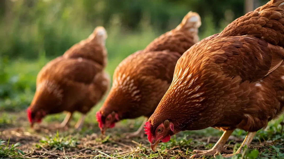 Gallinas marrones con plumaje nuevo tras la muda en un patio de granja, fondo verde desenfocado
