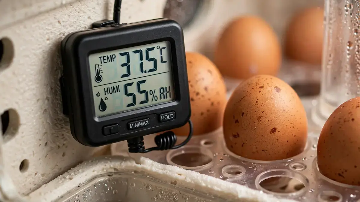 Termómetro e higrómetro dentro de incubadora mostrando temperatura y humedad